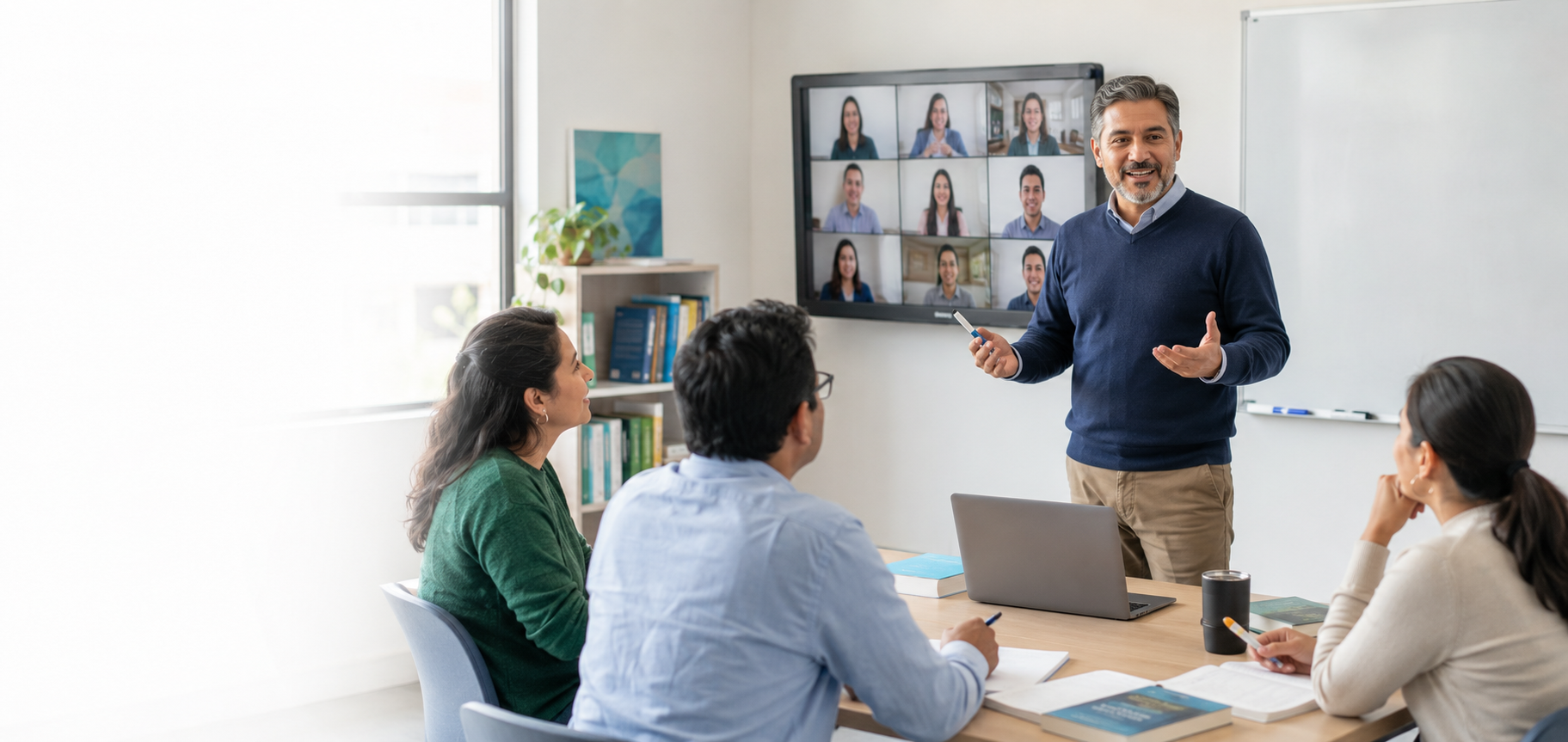Especialista impartiendo una capacitación presencial con participantes conectados en línea